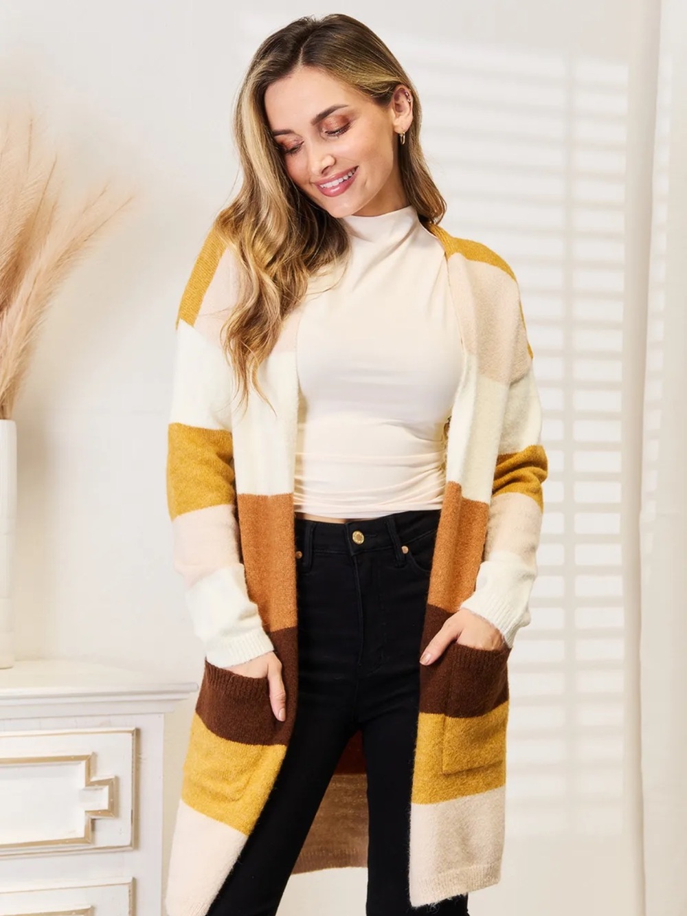 Striped Open-Front Long Cardigan in Cream & Mustard